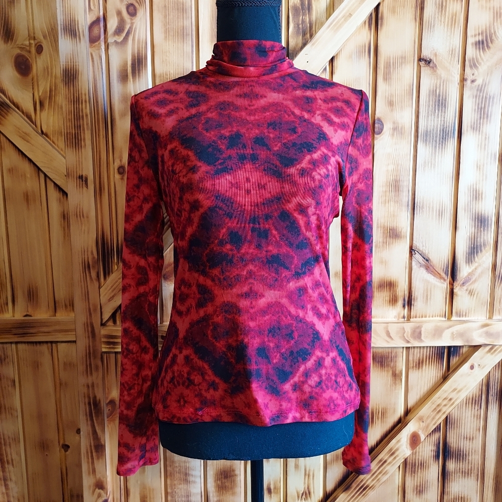 INC International Concepts red & black sheer mesh long sleeve top - Size PS